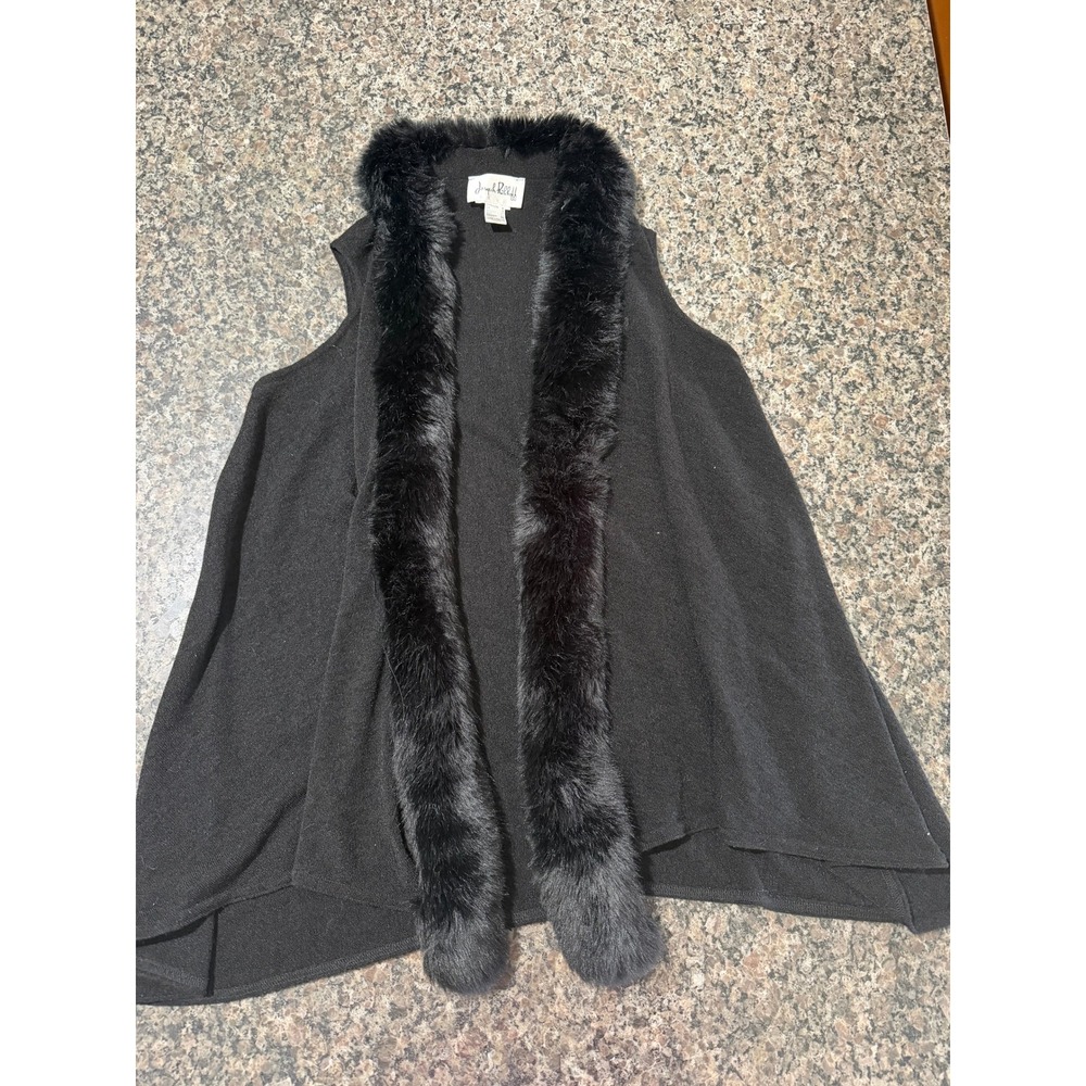 Joseph Ribkoff Black Faux Fur Trim Open Front Vest Sleeveless Cardigan Size 6